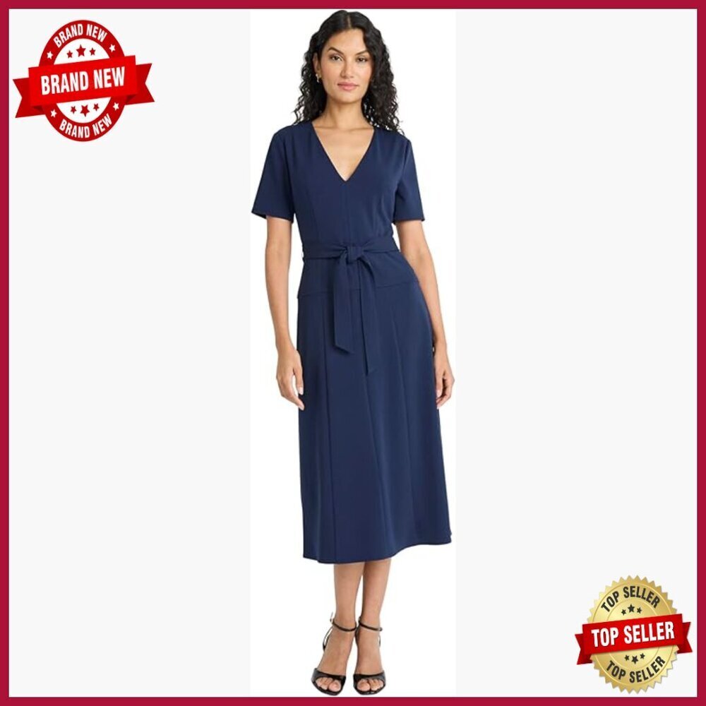 V-Neck Wrap Midi Dress with Tie Belt, Short Sleeve, Formal Occasion